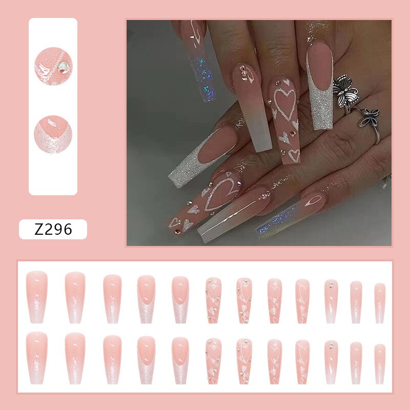 3D strobe fake nails set diamond glitter heart nude pink french long coffin tips faux ongles press on false nail supplies kit