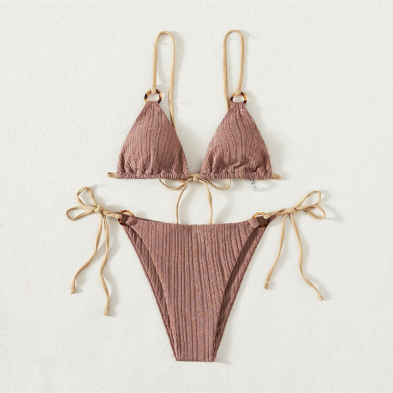 Women's New Solid Color Strap Bikini Two Swimsuits Light coffee