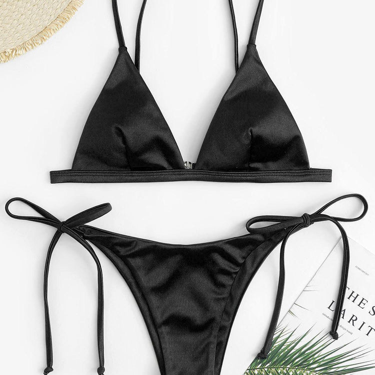 Three-point Bikini With Hanging Neck Solid And Simple Color Black