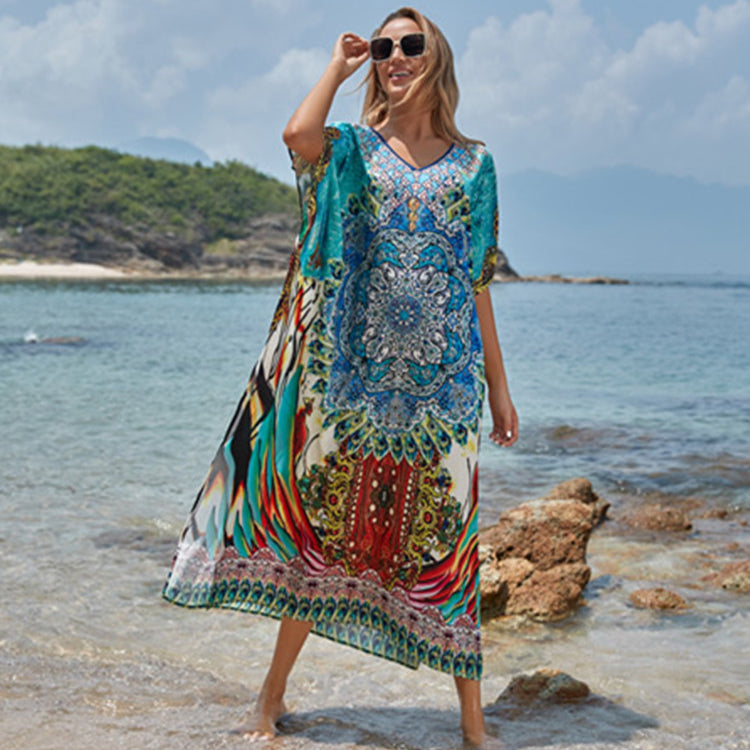 Polyester National Wind Positioning Printed Beach Smock Robe Type Sunscreen Shirt Holiday Dress