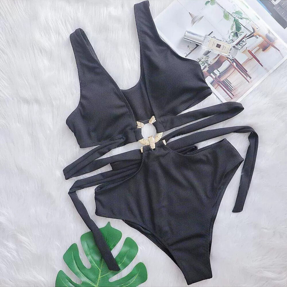 4 Colors New Sexy One Piece Swimsuit Swimwear - Deep V-neck Hollow High Waist One-piece Bathing Suit Beachwear Metal Hoop Black