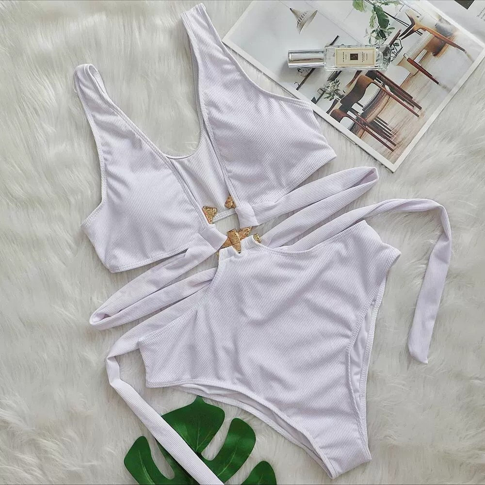 4 Colors New Sexy One Piece Swimsuit Swimwear - Deep V-neck Hollow High Waist One-piece Bathing Suit Beachwear Metal Hoop White