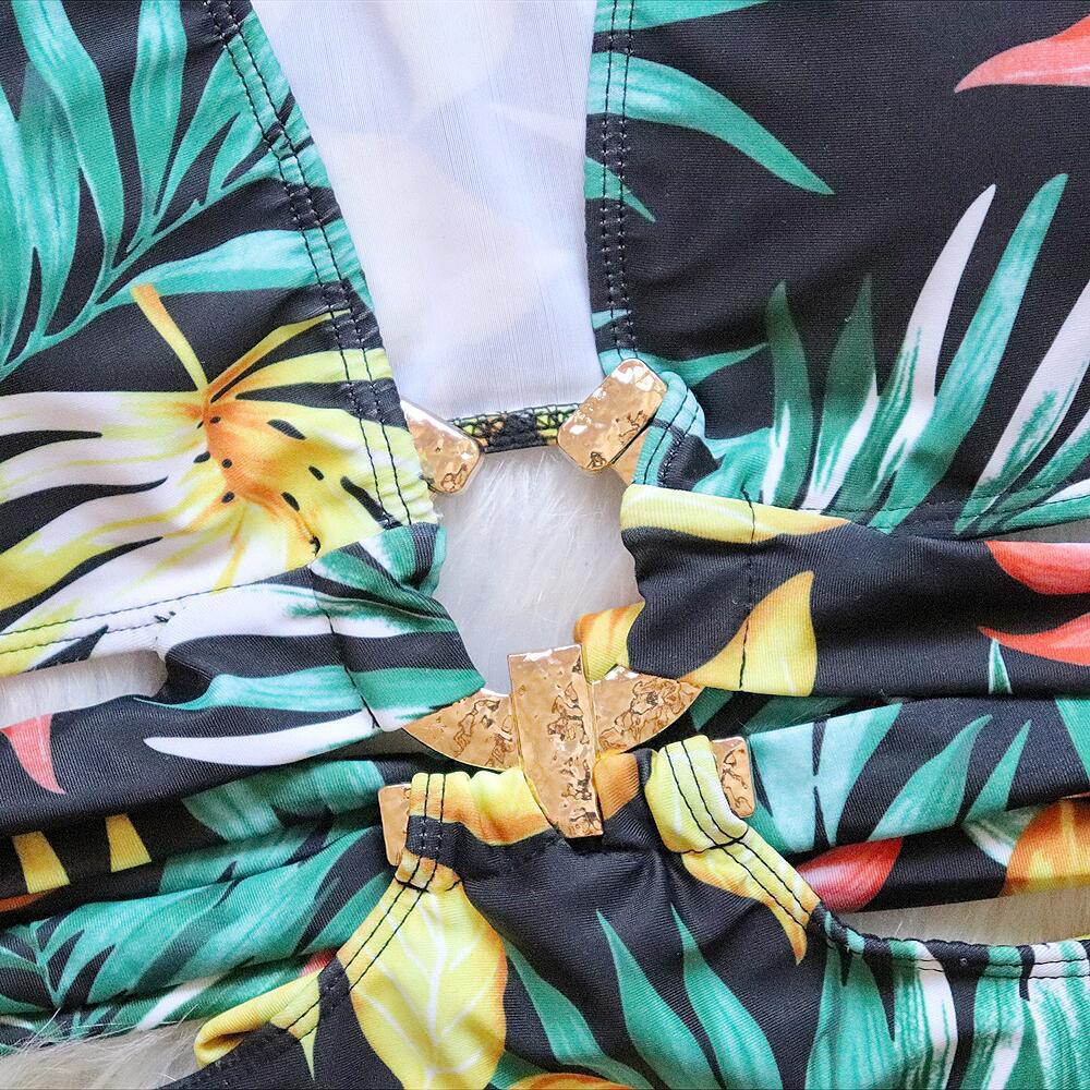 4 Colors New Sexy One Piece Swimsuit Swimwear - Deep V-neck Hollow High Waist One-piece Bathing Suit Beachwear Metal Hoop