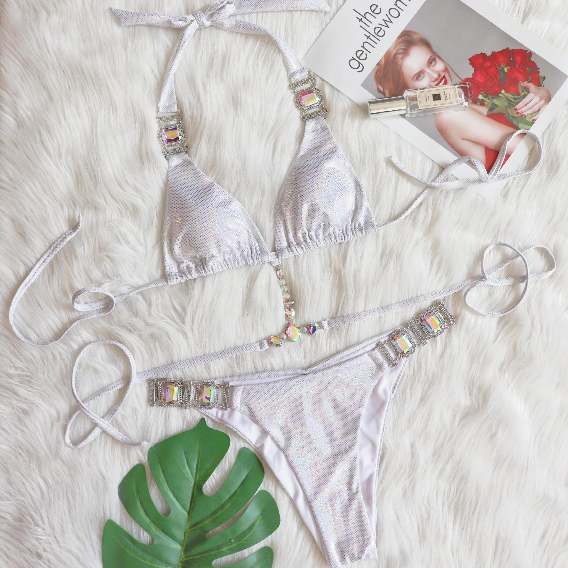 4 Colors Sexy Bikini Luxury Crystal Diamond Shining Fabric Swimwear - Swimsuit Bikinis Set Bathing Suit Beach Bikini Female White