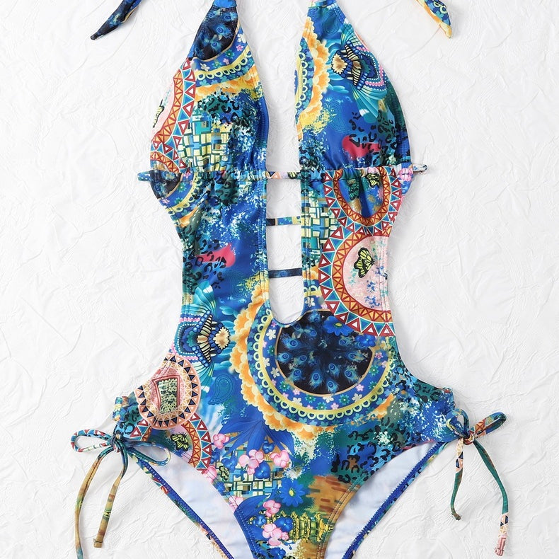 Women's Printed Lace Up High Waist Swimsuit Bikini
