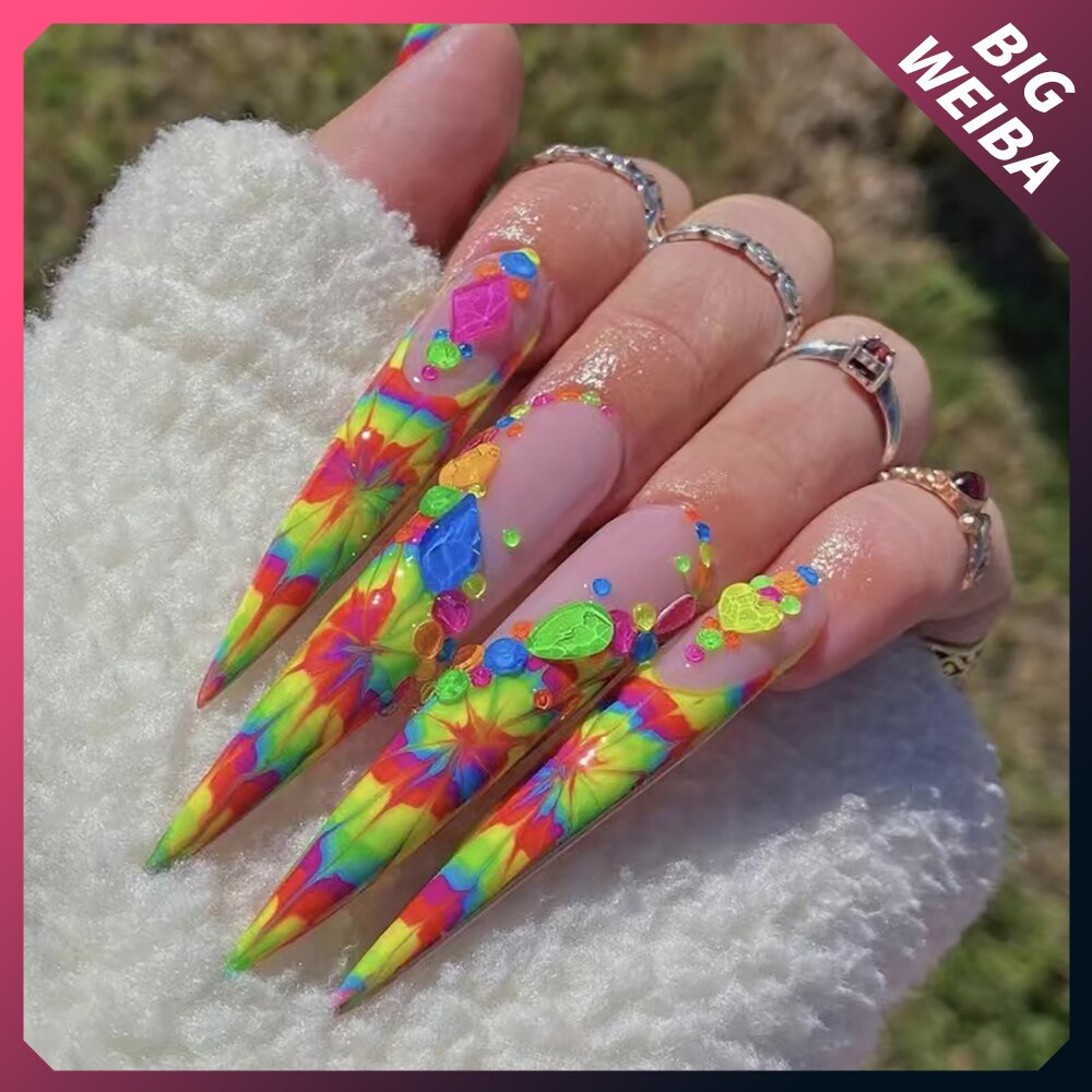 41Style Diamond Stiletto Coffin Long Nail Europe America Handwork Customization Cosplay Party Full Cover Fake Nails Woman Gift