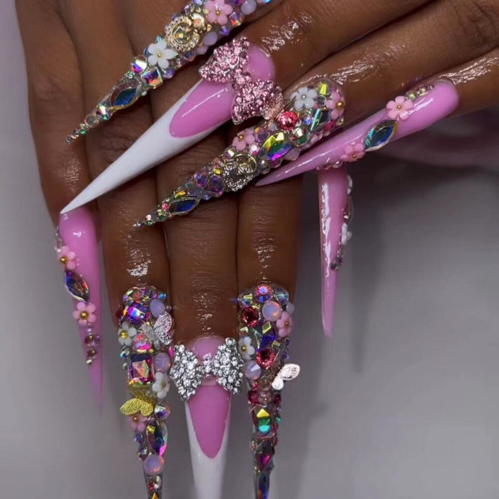 41Style Diamond Stiletto Coffin Long Nail Europe America Handwork Customization Cosplay Party Full Cover Fake Nails Woman Gift 30