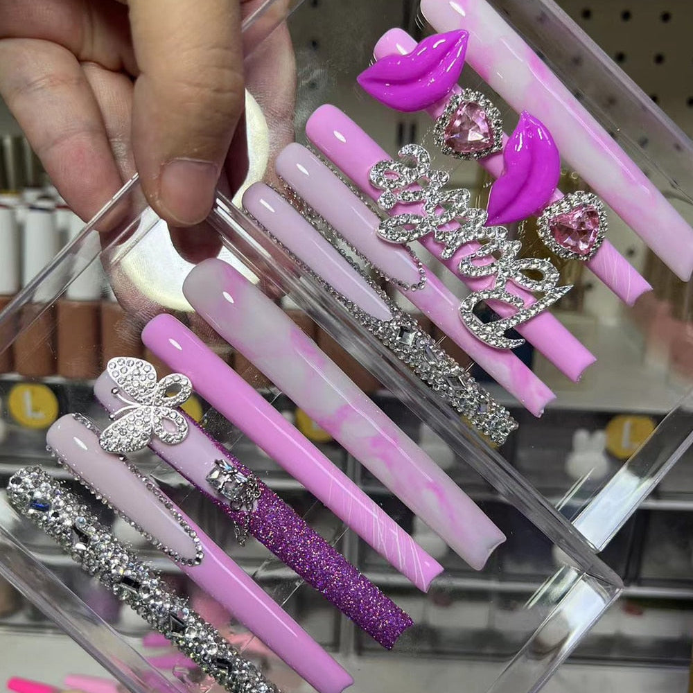 41Style Diamond Stiletto Coffin Long Nail Europe America Handwork Customization Cosplay Party Full Cover Fake Nails Woman Gift 8