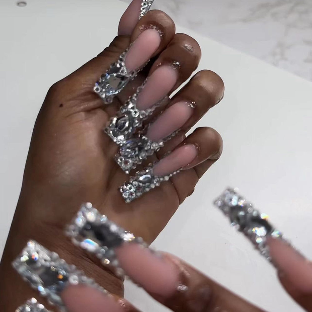 41Style Diamond Stiletto Coffin Long Nail Europe America Handwork Customization Cosplay Party Full Cover Fake Nails Woman Gift 13