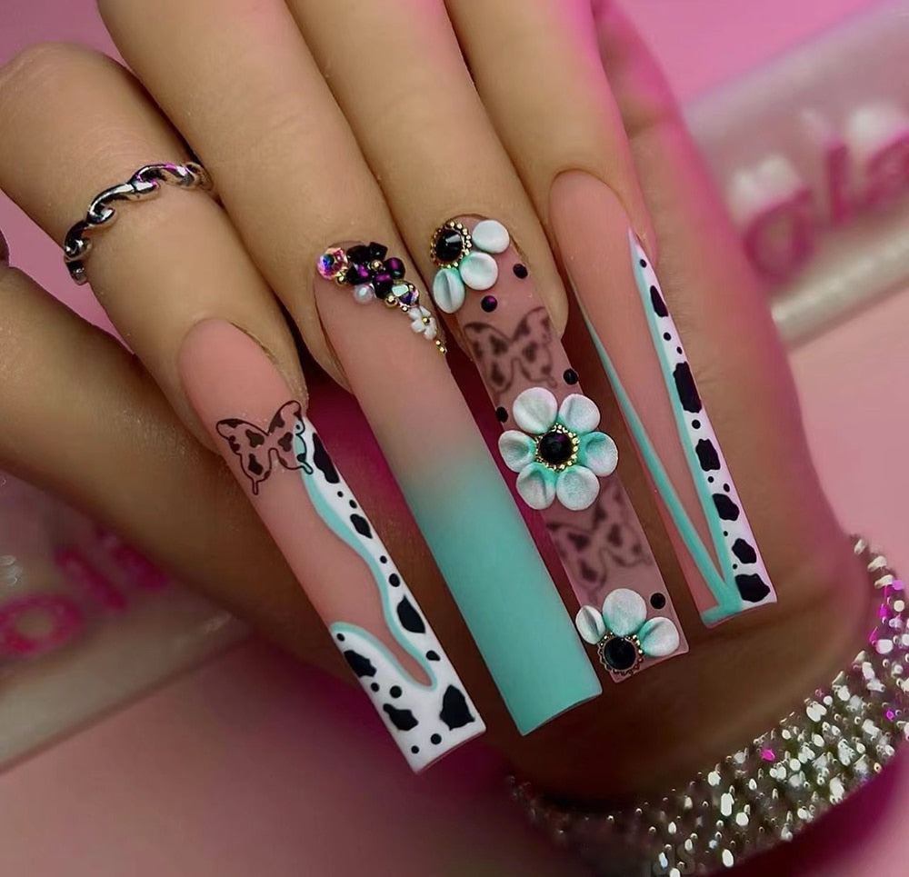 41Style Diamond Stiletto Coffin Long Nail Europe America Handwork Customization Cosplay Party Full Cover Fake Nails Woman Gift