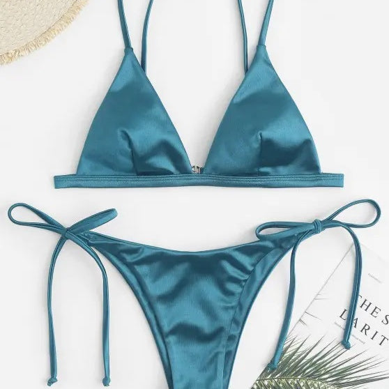 Three-point Bikini With Hanging Neck Solid And Simple Color Light Blue