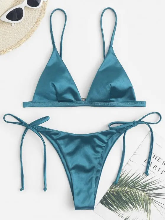 Three-point Bikini With Hanging Neck Solid And Simple Color Light Blue
