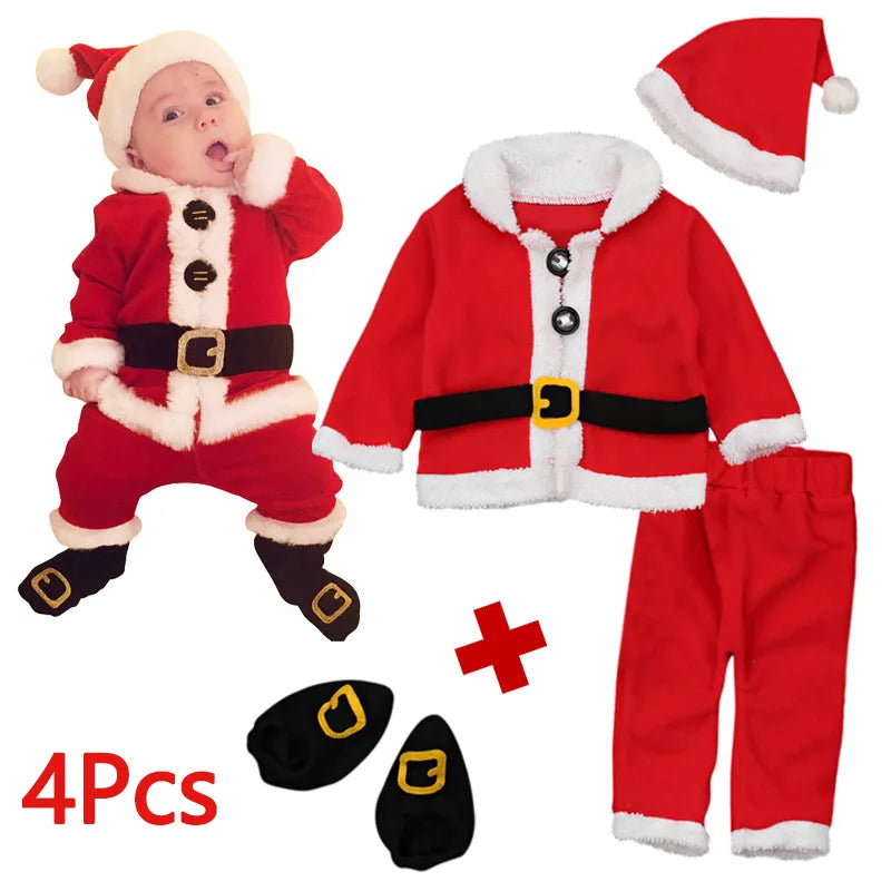 4PCS/Set Christmas Santa Claus Plush Outfit Newborn Clothing Sets Baby Boys Winter Fleece Tops+Pants+Hats+Socks Children Clothes 4Pcs Set