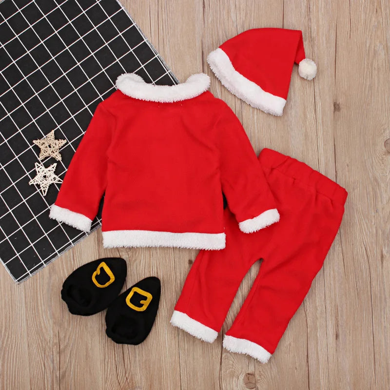 4PCS/Set Christmas Santa Claus Plush Outfit Newborn Clothing Sets Baby Boys Winter Fleece Tops+Pants+Hats+Socks Children Clothes