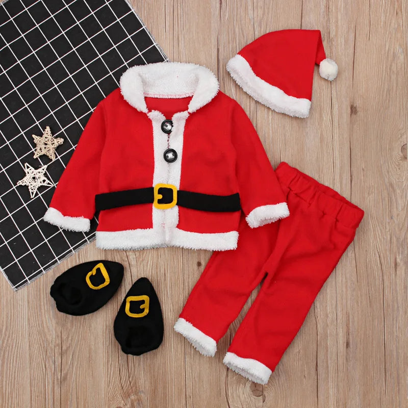 4PCS/Set Christmas Santa Claus Plush Outfit Newborn Clothing Sets Baby Boys Winter Fleece Tops+Pants+Hats+Socks Children Clothes