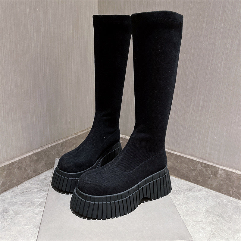 Thick Sole Long Boots Solid Color New Fashion Trendy Fly-woven Elastic Shoes Women's Winter FootwearHigh Boots Black Long