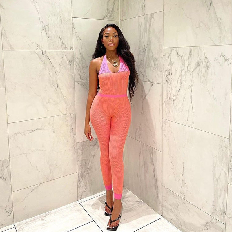 Printed Contrast Halter Bodysuit High Waist Hips Jumpsuit