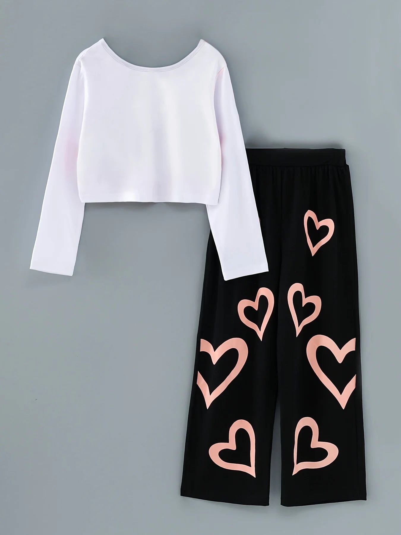 5-14 Years Old Spring And Autumn Girls, Big Boy Heart Type Pulsating Fake Vest Long Sleeves Love Print Black Trouser Set