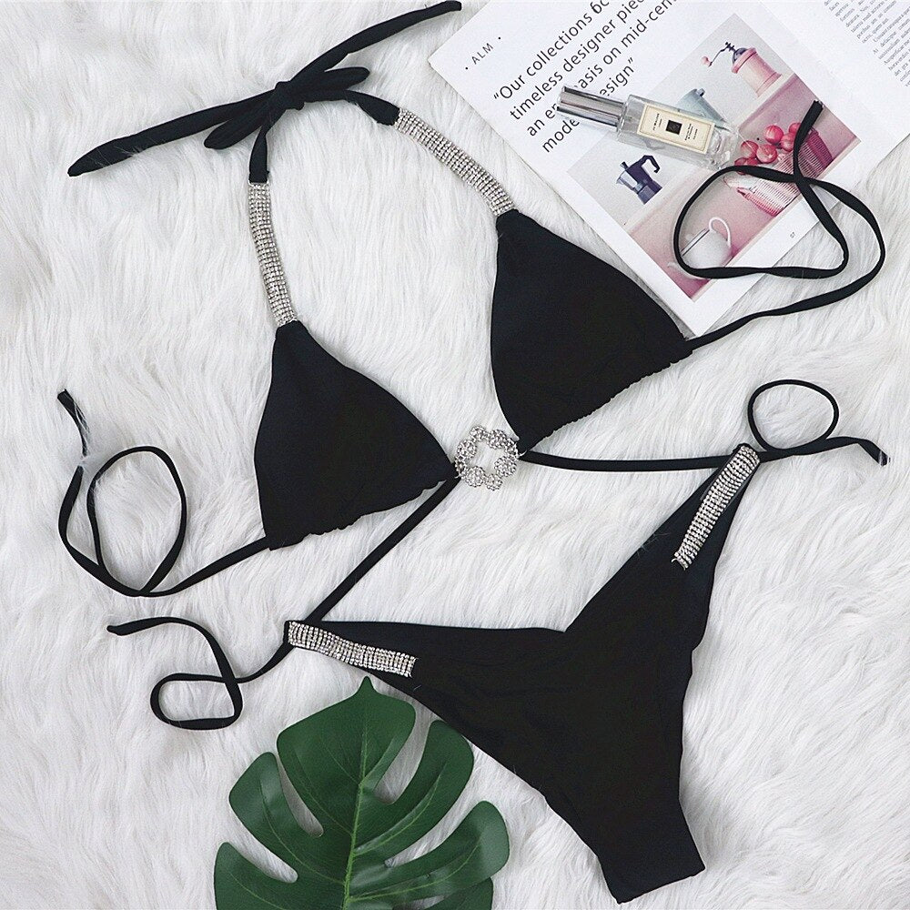 5 Colors Sexy Bikini Luxe Rhinestones Chain Swimwear - Swimsuit Halter ...