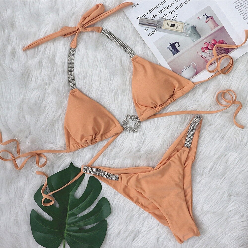 5 Colors Sexy Bikini Luxe Rhinestones Chain Swimwear - Swimsuit Halter Bikinis Set Beach Bathing Suit Female Banadores Mujer APRICOT
