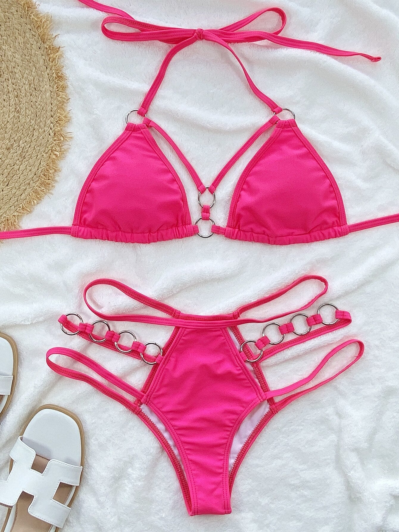 5 Colors Sexy Bikini Solid Hollow Swimwear - Swimsuit Halter Bikinis Set Bathing Suit Beach Bikini Female Metal Ring Decor Rose Red