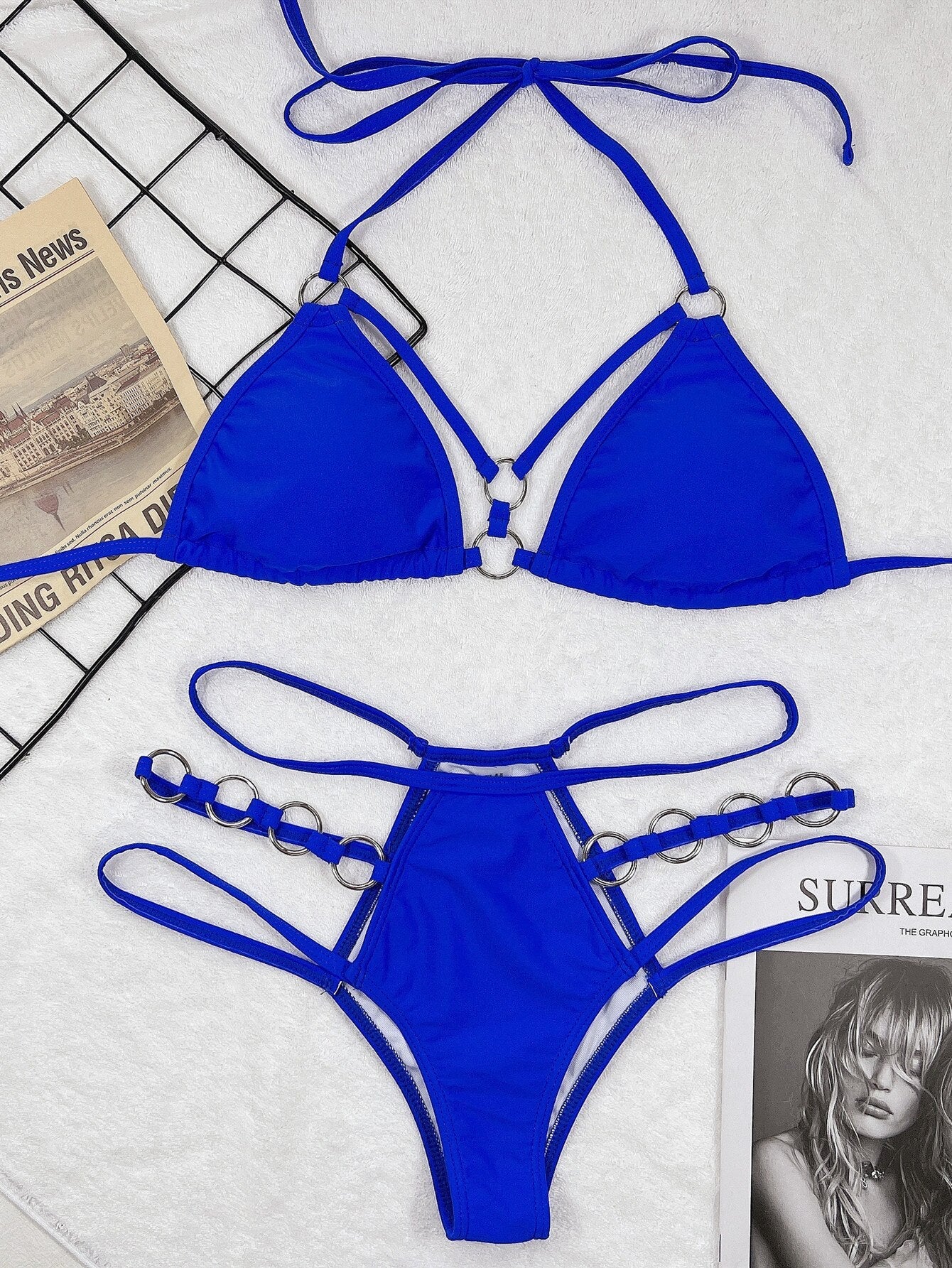 5 Colors Sexy Bikini Solid Hollow Swimwear - Swimsuit Halter Bikinis Set Bathing Suit Beach Bikini Female Metal Ring Decor royal blue