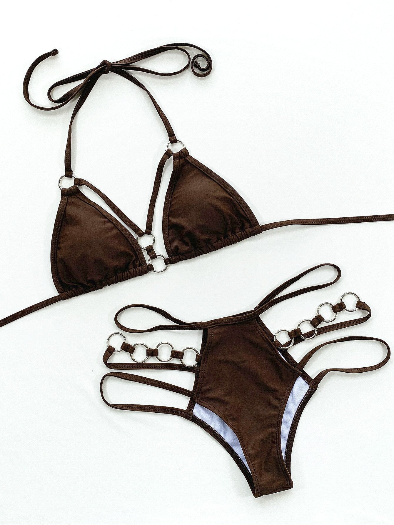 5 Colors Sexy Bikini Solid Hollow Swimwear - Swimsuit Halter Bikinis Set Bathing Suit Beach Bikini Female Metal Ring Decor Dark Brown