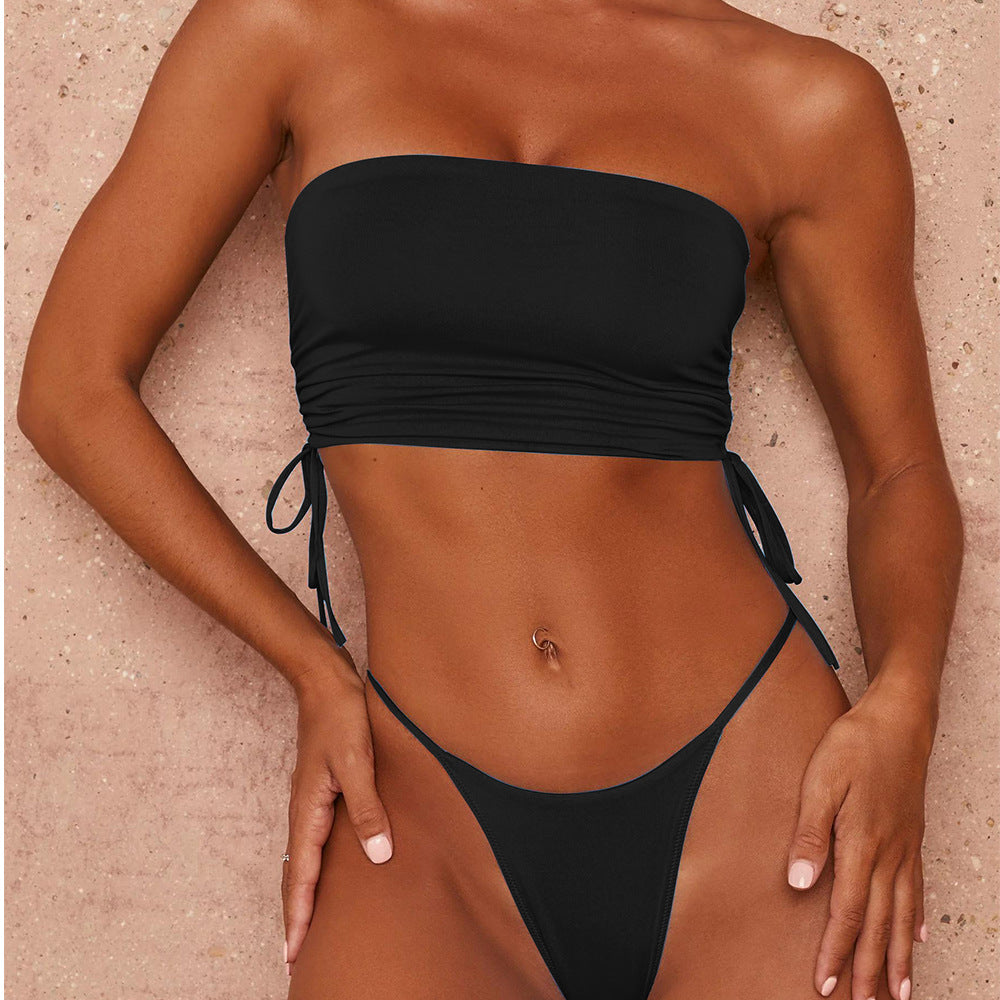 Women's Tube Top Print Solid Color Bikini Swimsuit Black