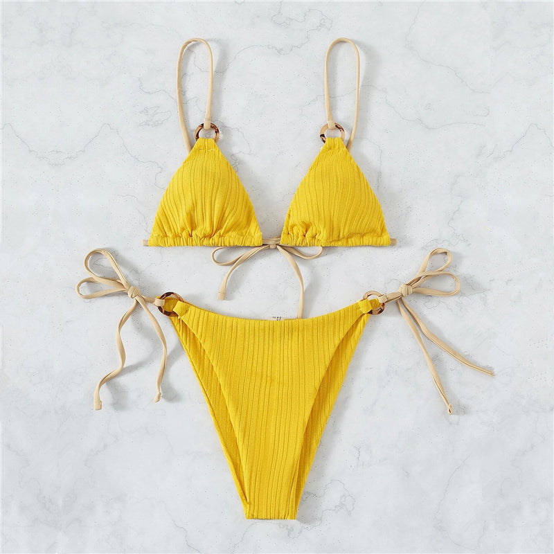 Women's New Solid Color Strap Bikini Two Swimsuits Yellow