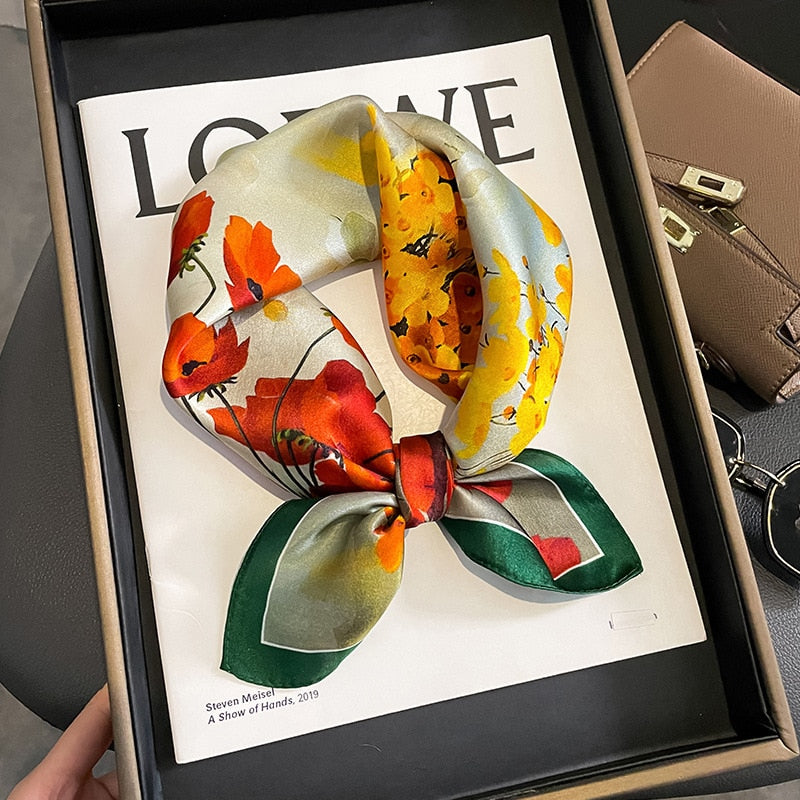 53cm Real Silk Nature Scarf Women Neckerchief Foulard Bandana Small Hairbands Fashion Floral Neck Ties for Office Lady 2024 New ZS-17 53x53cm