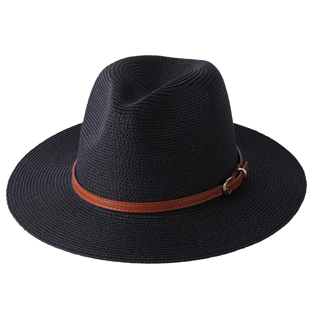 56-58-59-60CM New Natural Panama Soft Shaped Straw Hat Summer Women/Men Wide Brim Beach Sun Cap UV Protection Fedora Hat Black02