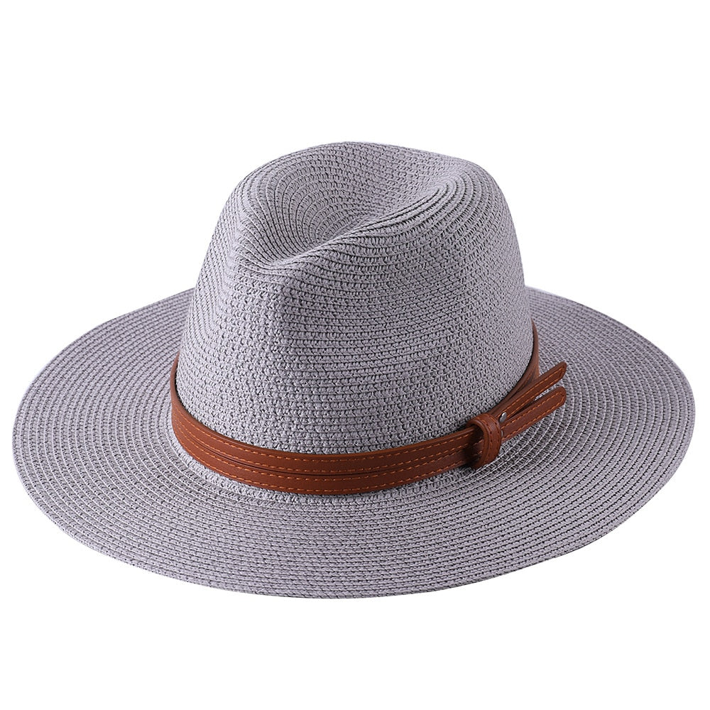 56-58-59-60CM New Natural Panama Soft Shaped Straw Hat Summer Women/Men Wide Brim Beach Sun Cap UV Protection Fedora Hat grey01