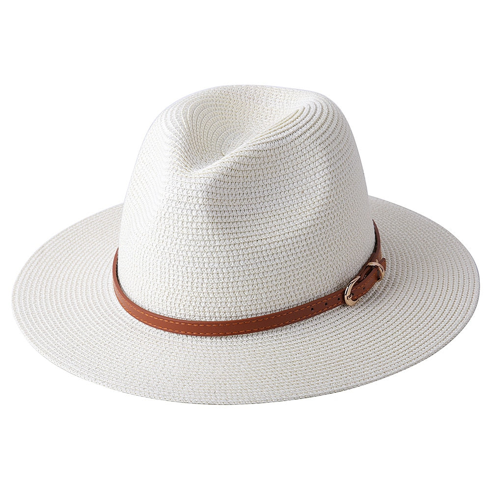 56-58-59-60CM New Natural Panama Soft Shaped Straw Hat Summer Women/Men Wide Brim Beach Sun Cap UV Protection Fedora Hat Milky white02