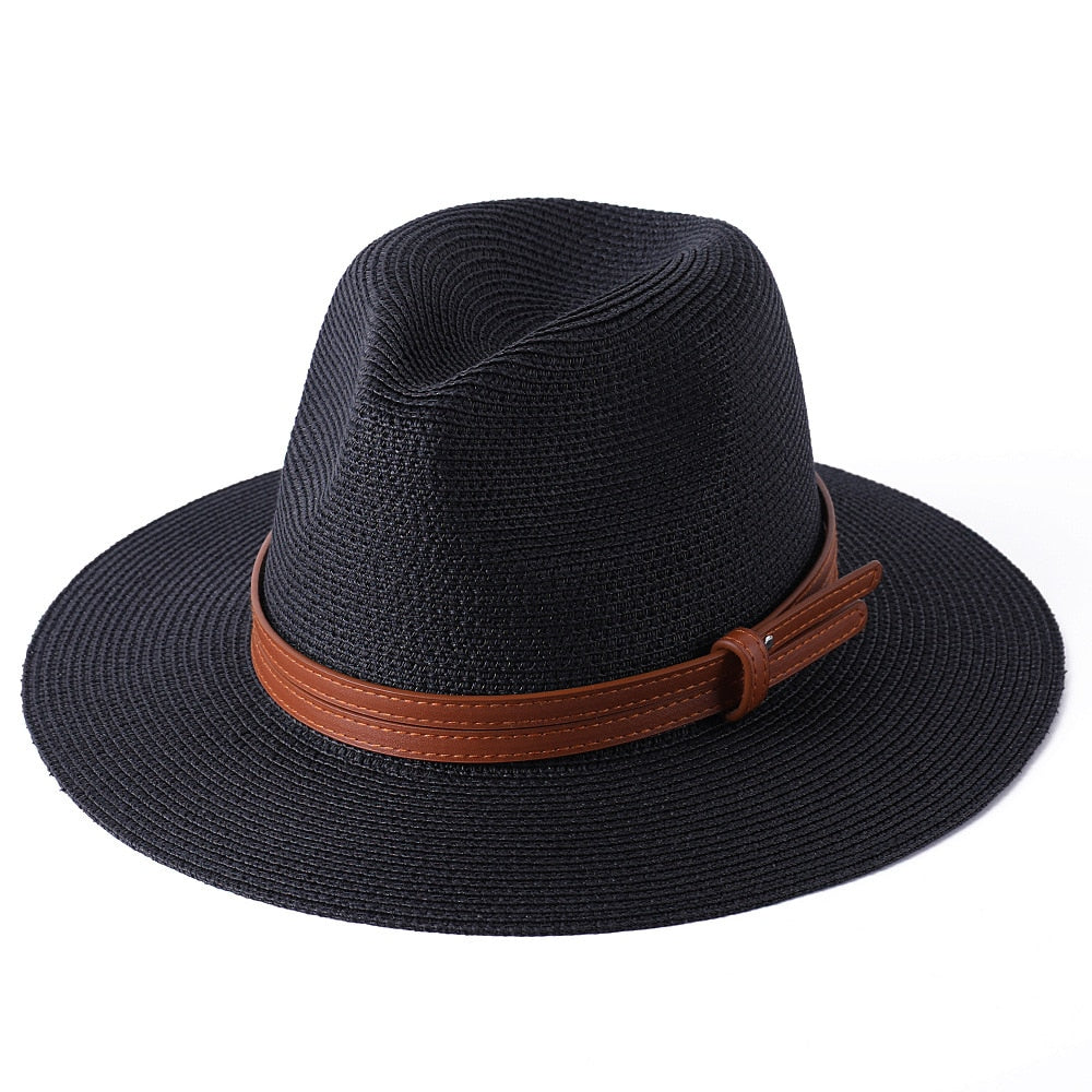 56-58-59-60CM New Natural Panama Soft Shaped Straw Hat Summer Women/Men Wide Brim Beach Sun Cap UV Protection Fedora Hat Black01