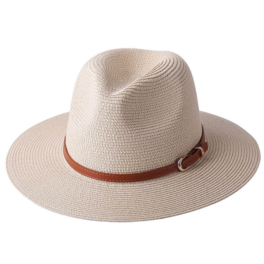 56-58-59-60CM New Natural Panama Soft Shaped Straw Hat Summer Women/Men Wide Brim Beach Sun Cap UV Protection Fedora Hat Beige02