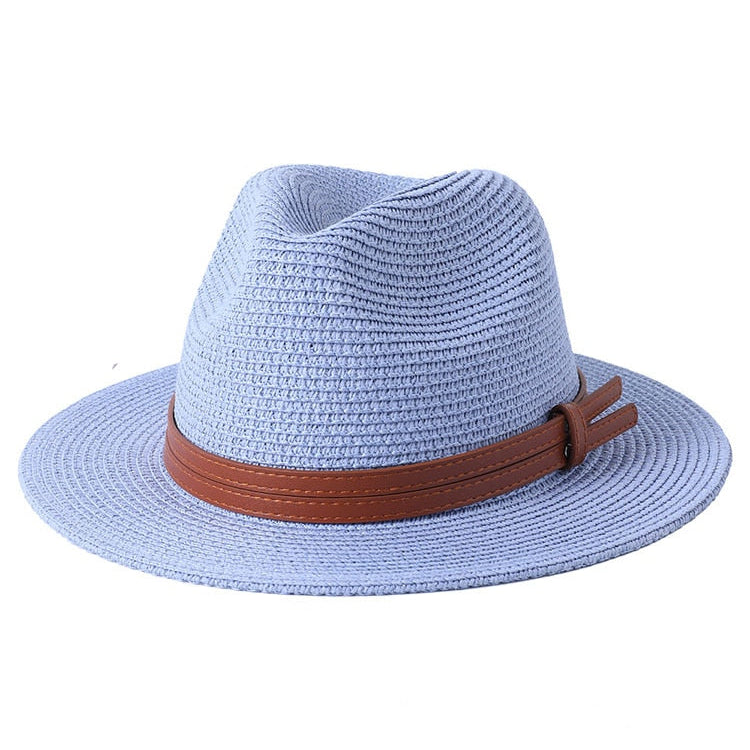 56-58-59-60CM New Natural Panama Soft Shaped Straw Hat Summer Women/Men Wide Brim Beach Sun Cap UV Protection Fedora Hat sky blue01