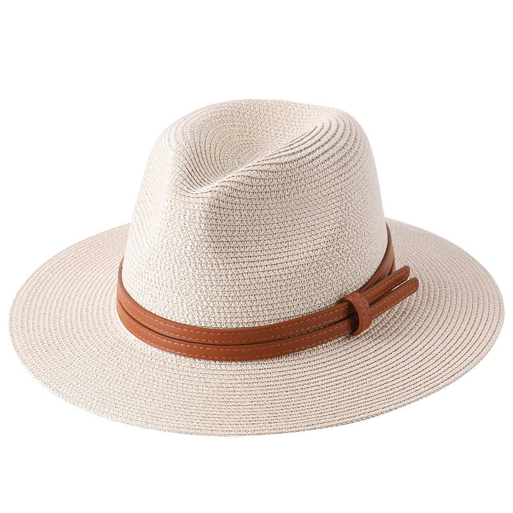 56-58-59-60CM New Natural Panama Soft Shaped Straw Hat Summer Women/Men Wide Brim Beach Sun Cap UV Protection Fedora Hat Beige01
