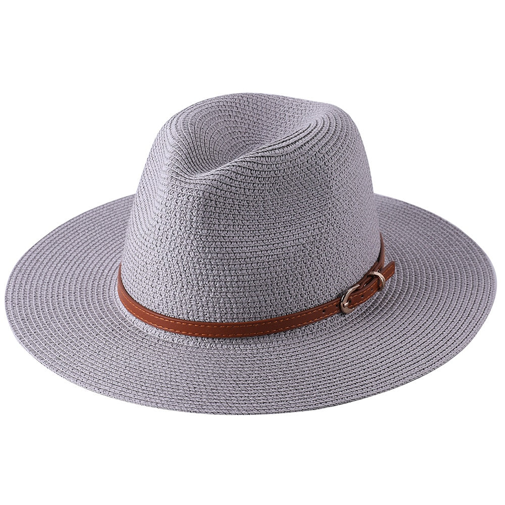 56-58-59-60CM New Natural Panama Soft Shaped Straw Hat Summer Women/Men Wide Brim Beach Sun Cap UV Protection Fedora Hat grey02