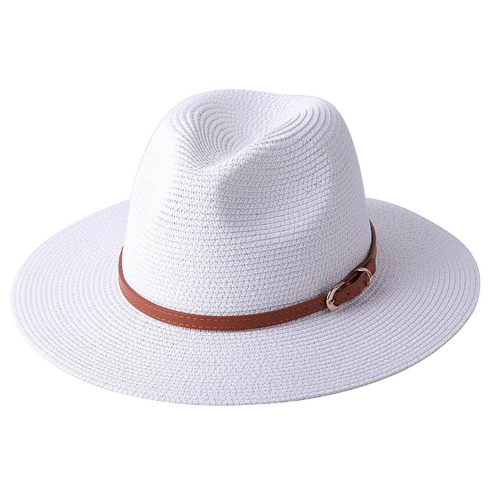 56-58-59-60CM New Natural Panama Soft Shaped Straw Hat Summer Women/Men Wide Brim Beach Sun Cap UV Protection Fedora Hat white02