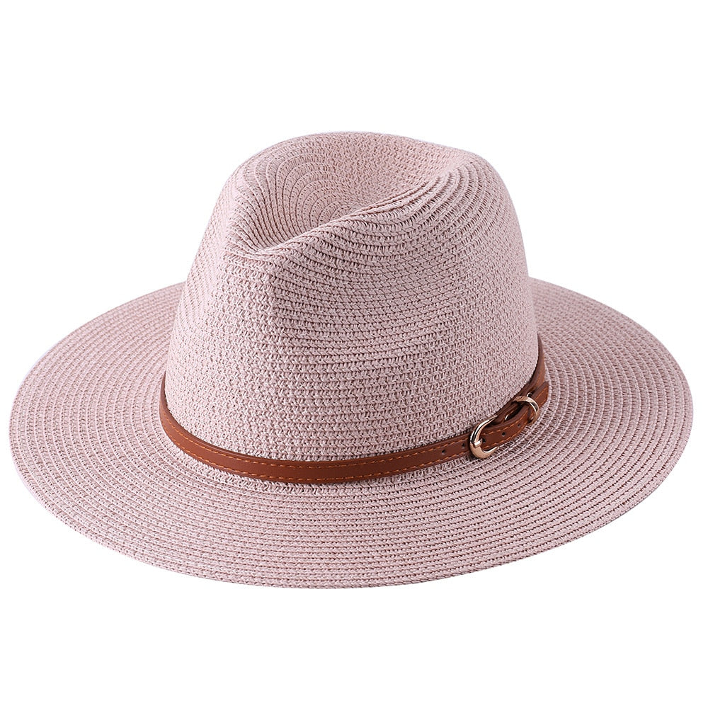 56-58-59-60CM New Natural Panama Soft Shaped Straw Hat Summer Women/Men Wide Brim Beach Sun Cap UV Protection Fedora Hat pink02