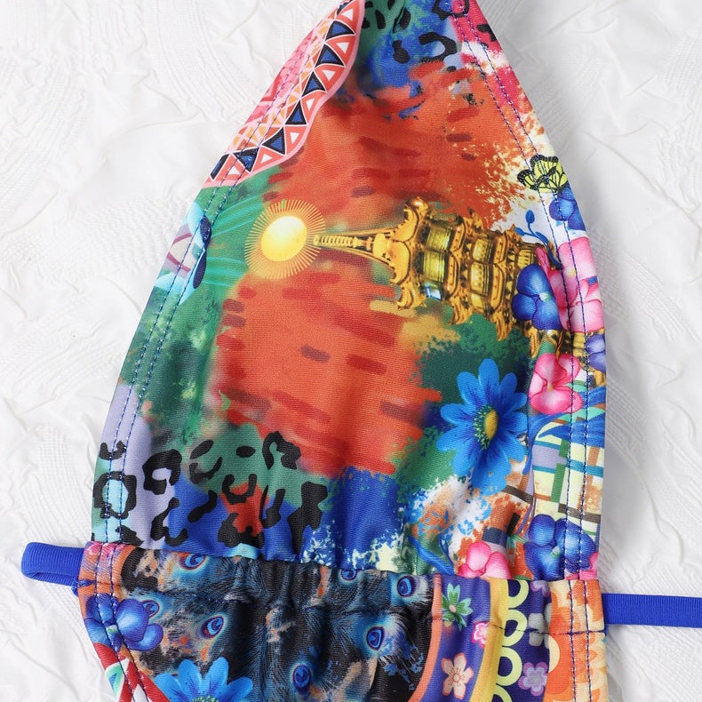 Women's Printed Lace Up High Waist Swimsuit Bikini