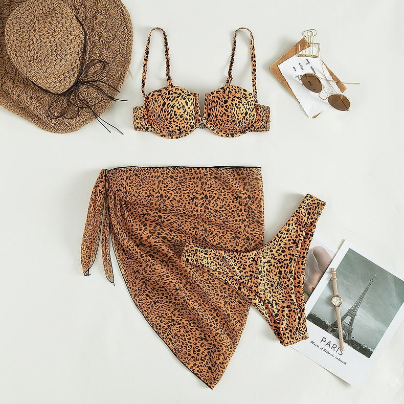 Three-piece Floral Bikini Beach Dress Orange black leopard print