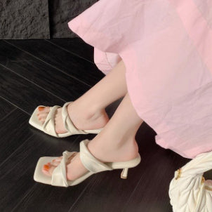 Slip-on High Heel Sandals, Comfortable Square Toe Stiletto Heel Beige