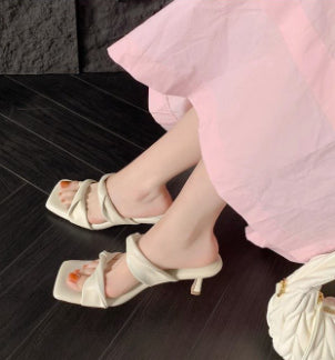 Slip-on High Heel Sandals, Comfortable Square Toe Stiletto Heel Beige