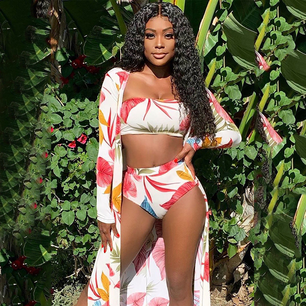 Women's Digital Print Swimsuit Three Piece Long Sleeve Cape Pink