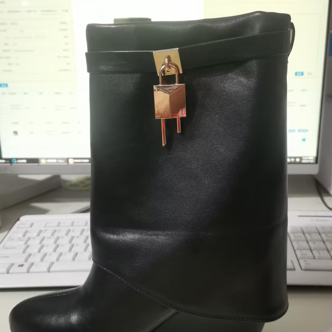 Retro Large Tube Pointed High Heel Metal Lock Wedge Pants Boots Short Black