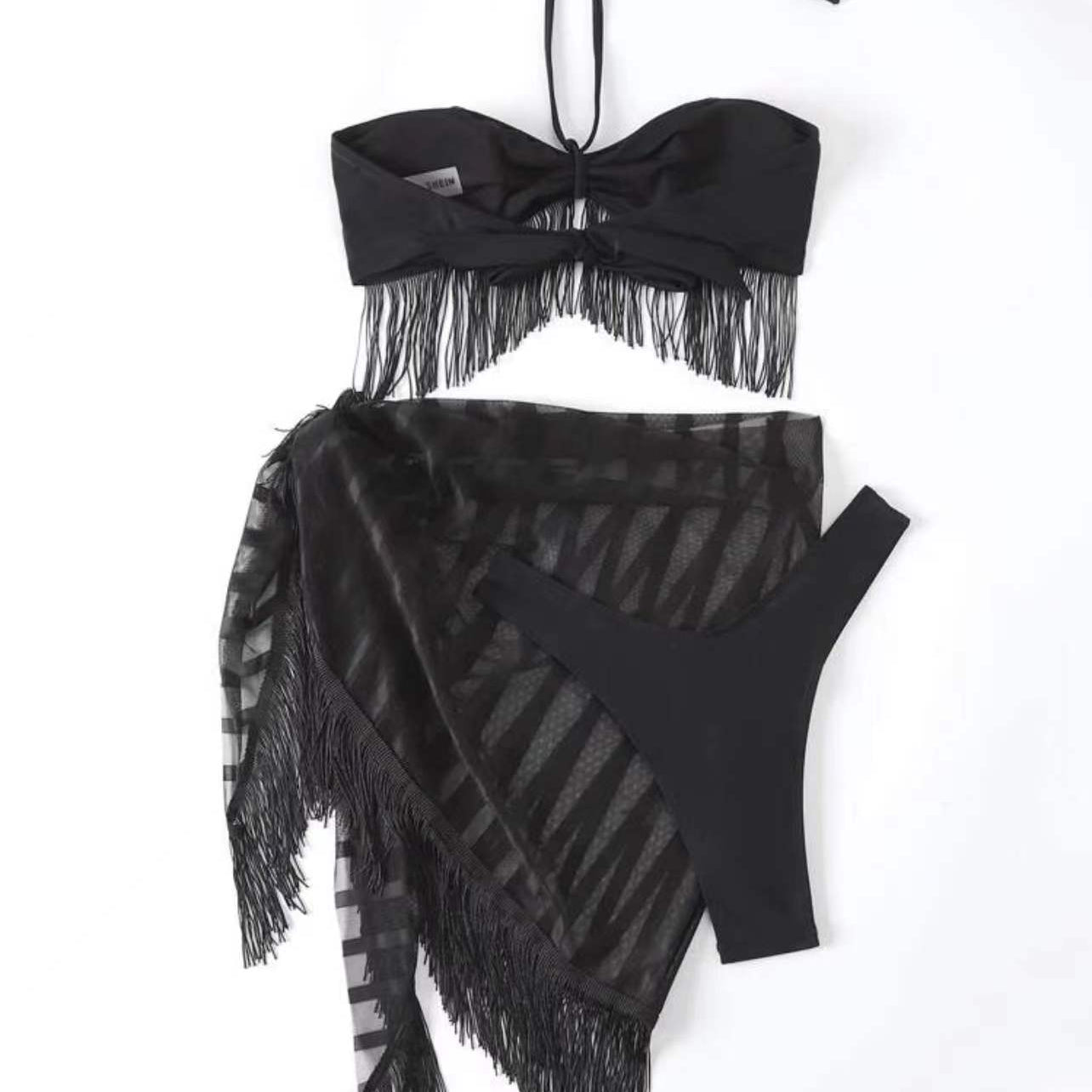 Tassel Tube Top Suspender Mesh Three-piece Set