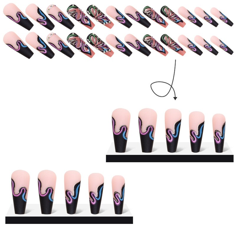 5D Spicy Girls fake nails set Beautiful butterfly with diamond designs long french coffin tips faux ongles press on false nail