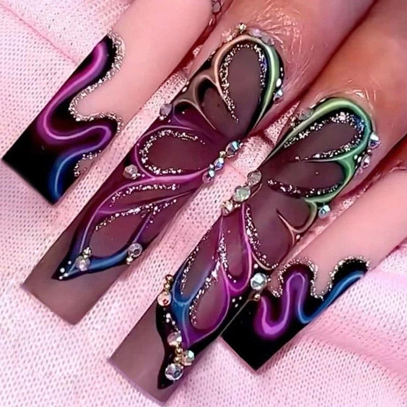 5D Spicy Girls fake nails set Beautiful butterfly with diamond designs long french coffin tips faux ongles press on false nail AMAIO