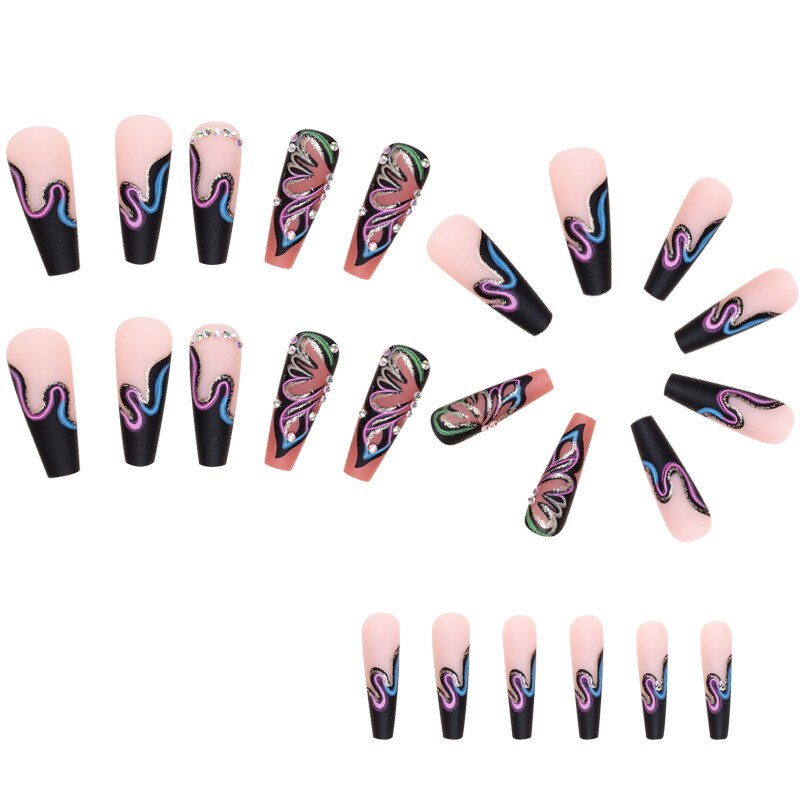 5D Spicy Girls fake nails set Beautiful butterfly with diamond designs long french coffin tips faux ongles press on false nail